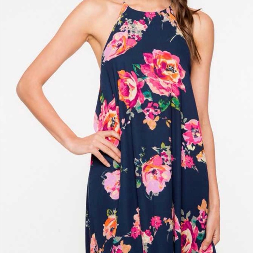 Everly Navy Floral Halter Mini Dress with Pink & Orange Blooms